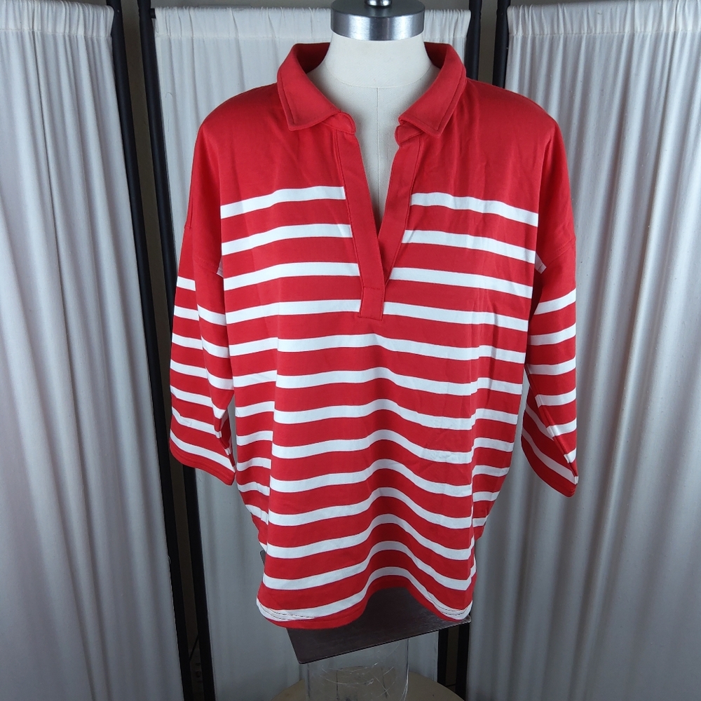 Vineyard Vines Red &‎ White Striped Collared Deluxe Pullover Top, Size M